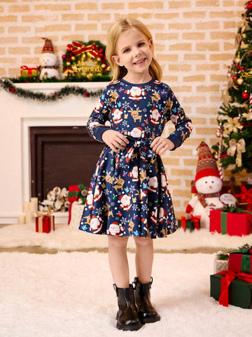 Young Girls Long Sleeve A-Line Christmas Dress - Featuring Fun Prints Of Snowflakes, Santa Claus, Christmas Gifts