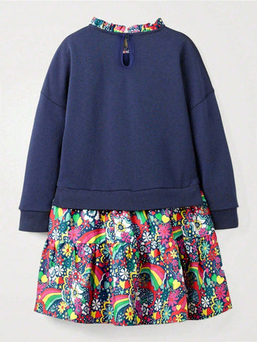 Young Girls Long Sleeve Cartoon Print Casual Dress, Suitable For Halloween And Christmas, Autumn/Winter