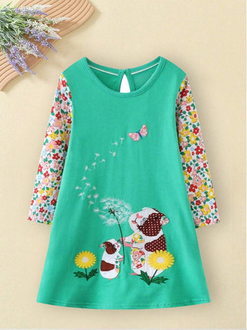 Young Girls Long Sleeve Casual Dress, Children Cute Animal Pattern Round Neck A-Line Dress