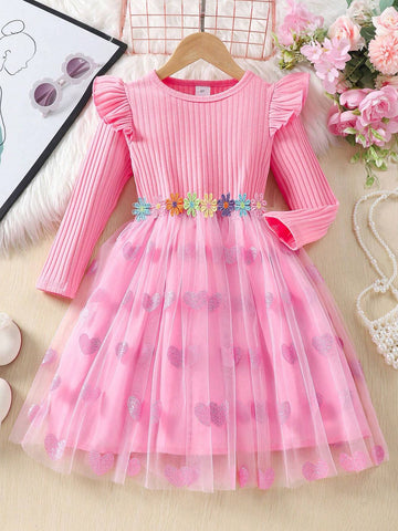 Young Girls Long Sleeve Crew Neck Ribbed Ruffle Heart Mesh Decorated Dress