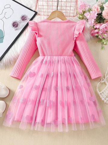 Young Girls Long Sleeve Crew Neck Ribbed Ruffle Heart Mesh Decorated Dress