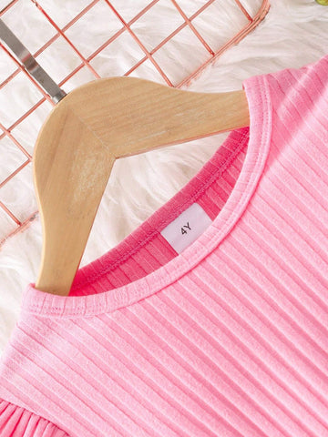 Young Girls Long Sleeve Crew Neck Ribbed Ruffle Heart Mesh Decorated Dress