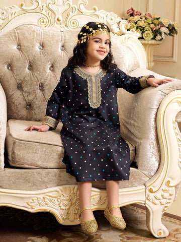 Young Girls' Long Sleeve Dress, Round Neck Gold Lace Colorful Polka Dot Print Long Dress