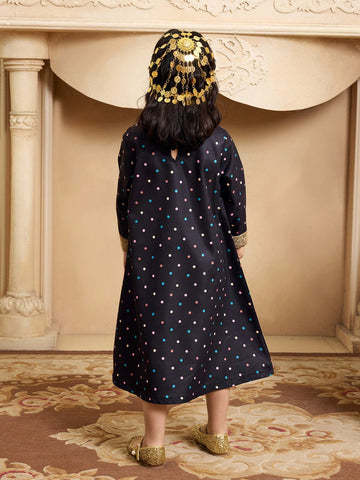 Young Girls' Long Sleeve Dress, Round Neck Gold Lace Colorful Polka Dot Print Long Dress
