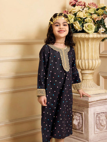 Young Girls' Long Sleeve Dress, Round Neck Gold Lace Colorful Polka Dot Print Long Dress