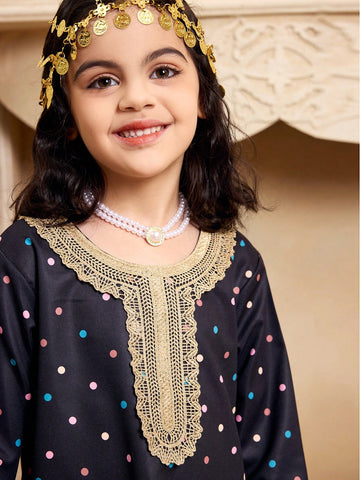 Young Girls' Long Sleeve Dress, Round Neck Gold Lace Colorful Polka Dot Print Long Dress