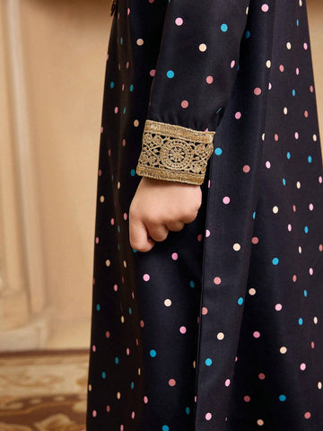 Young Girls' Long Sleeve Dress, Round Neck Gold Lace Colorful Polka Dot Print Long Dress