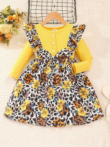 Young Girls' Long Sleeve Floral Dress With Bow