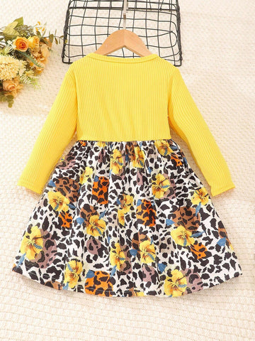Young Girls' Long Sleeve Floral Dress With Bow