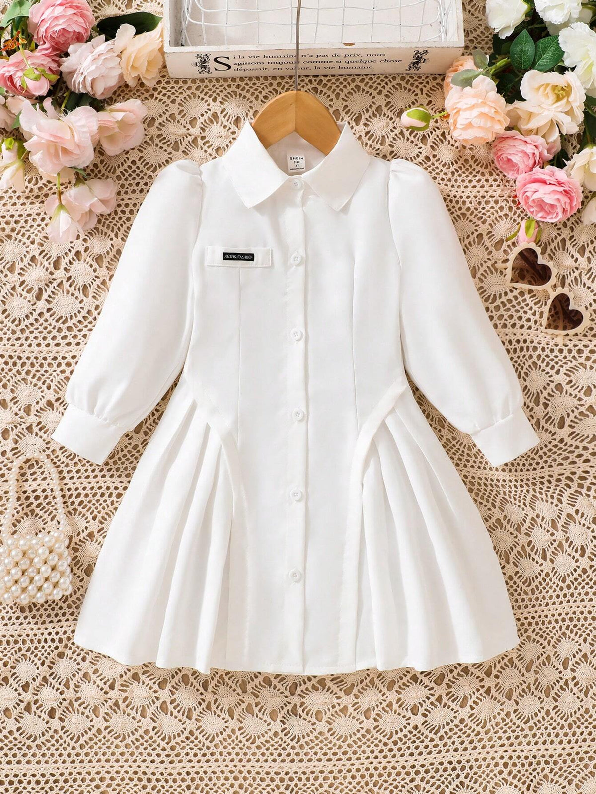 Young Girls Long Sleeve White Color Blocked Pleated Detail Button Down Dress