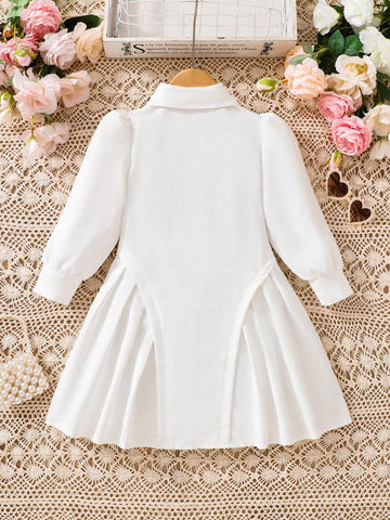Young Girls Long Sleeve White Color Blocked Pleated Detail Button Down Dress