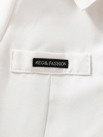 Young Girls Long Sleeve White Color Blocked Pleated Detail Button Down Dress