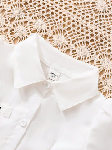 Young Girls Long Sleeve White Color Blocked Pleated Detail Button Down Dress