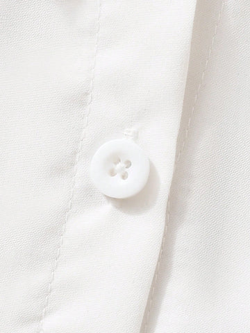 Young Girls Long Sleeve White Color Blocked Pleated Detail Button Down Dress