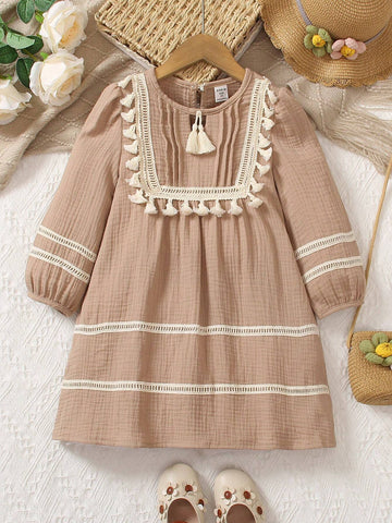 Young Girl's Loose Bohemian Long Sleeve Fringed Patchwork Vacation Dress