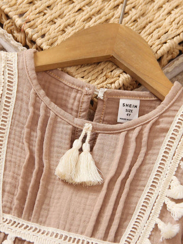 Young Girl's Loose Bohemian Long Sleeve Fringed Patchwork Vacation Dress