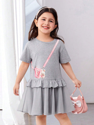 Young Girl's Loose Casual Bag Print Round Neck Off-Shoulder Ruffle Trim Dress