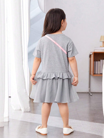 Young Girl's Loose Casual Bag Print Round Neck Off-Shoulder Ruffle Trim Dress