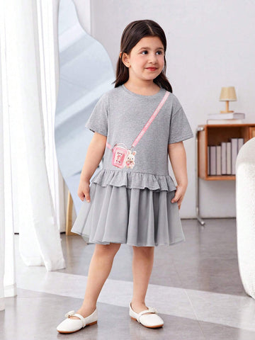 Young Girl's Loose Casual Bag Print Round Neck Off-Shoulder Ruffle Trim Dress