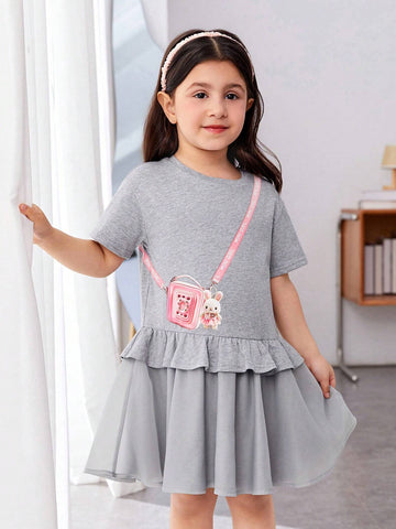 Young Girl's Loose Casual Bag Print Round Neck Off-Shoulder Ruffle Trim Dress