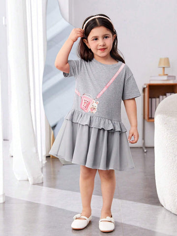Young Girl's Loose Casual Bag Print Round Neck Off-Shoulder Ruffle Trim Dress