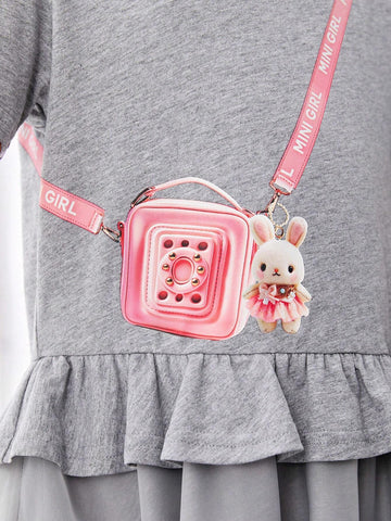 Young Girl's Loose Casual Bag Print Round Neck Off-Shoulder Ruffle Trim Dress