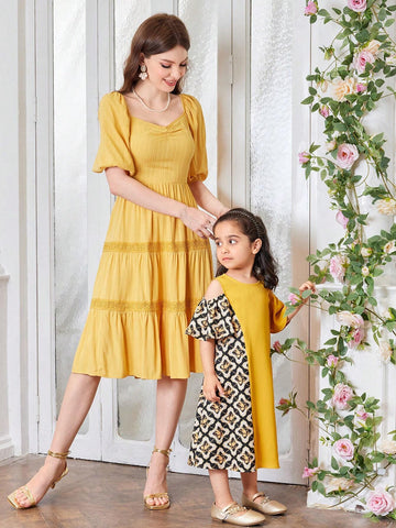 Young Girl's Loose Casual Knitted Color Block Geometric Pattern Round Neck Sleeveless Dress
