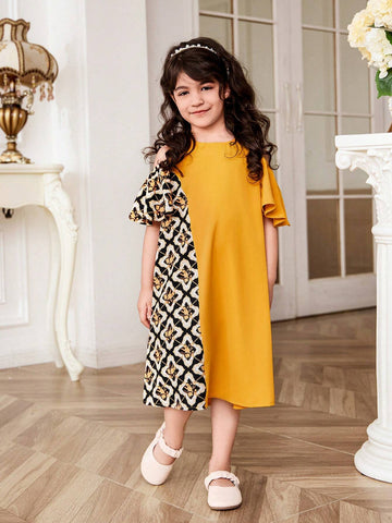 Young Girl's Loose Casual Knitted Color Block Geometric Pattern Round Neck Sleeveless Dress