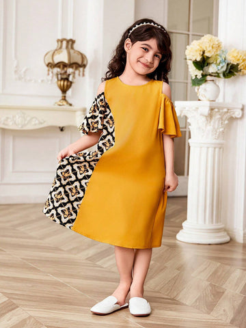Young Girl's Loose Casual Knitted Color Block Geometric Pattern Round Neck Sleeveless Dress