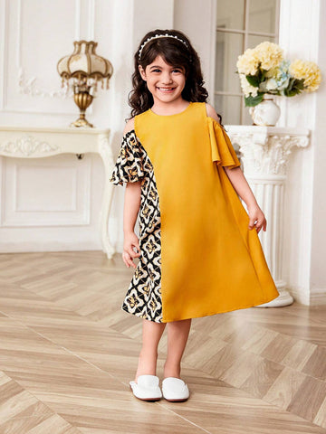 Young Girl's Loose Casual Knitted Color Block Geometric Pattern Round Neck Sleeveless Dress