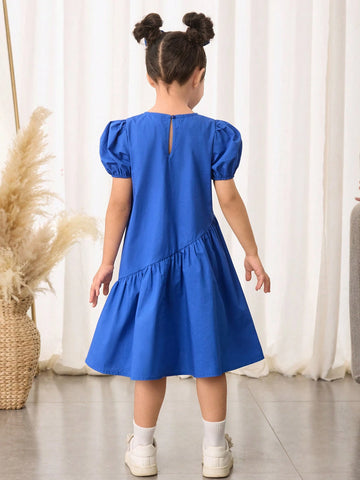 Young Girls' Loose Cute Cap Sleeves Round Neck Asymmetrical Ruffle Hem A-Line Dress