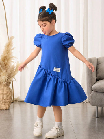 Young Girls' Loose Cute Cap Sleeves Round Neck Asymmetrical Ruffle Hem A-Line Dress