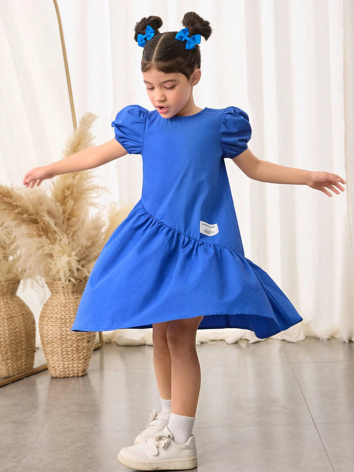 Young Girls' Loose Cute Cap Sleeves Round Neck Asymmetrical Ruffle Hem A-Line Dress