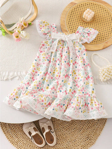 Young Girl's Loose Fit Casual Dress With Woven Floral Design, Square Neckline, Butterfly Accent And Ruffled Hem
