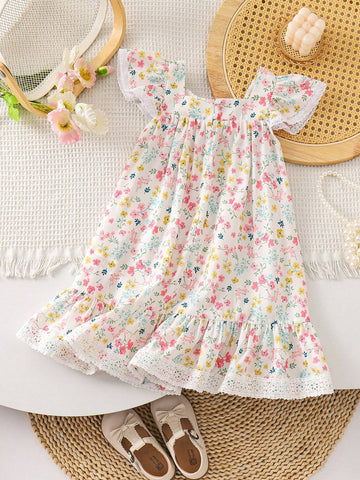 Young Girl's Loose Fit Casual Dress With Woven Floral Design, Square Neckline, Butterfly Accent And Ruffled Hem