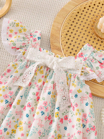 Young Girl's Loose Fit Casual Dress With Woven Floral Design, Square Neckline, Butterfly Accent And Ruffled Hem