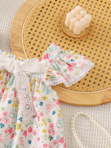 Young Girl's Loose Fit Casual Dress With Woven Floral Design, Square Neckline, Butterfly Accent And Ruffled Hem