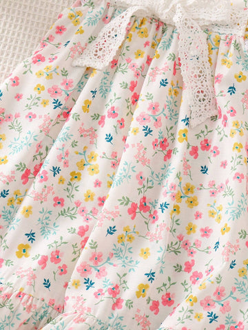 Young Girl's Loose Fit Casual Dress With Woven Floral Design, Square Neckline, Butterfly Accent And Ruffled Hem