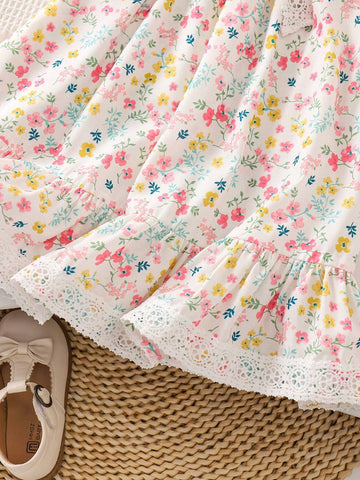 Young Girl's Loose Fit Casual Dress With Woven Floral Design, Square Neckline, Butterfly Accent And Ruffled Hem