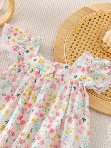 Young Girl's Loose Fit Casual Dress With Woven Floral Design, Square Neckline, Butterfly Accent And Ruffled Hem