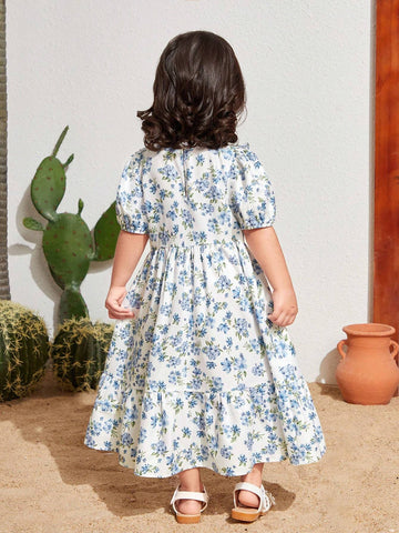 Young Girl's Loose Fit Casual Holiday Dress With Woven Floral Pattern And Round Neckline