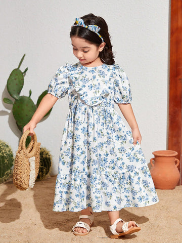 Young Girl's Loose Fit Casual Holiday Dress With Woven Floral Pattern And Round Neckline