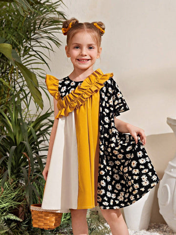 Young Girl's Loose Fit Casual Holiday Dress, Woven With Color Blocking And Frilled Hemline, Featuring Ditsy Floral