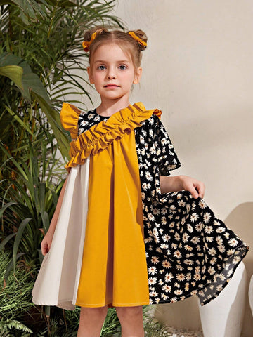 Young Girl's Loose Fit Casual Holiday Dress, Woven With Color Blocking And Frilled Hemline, Featuring Ditsy Floral