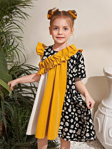 Young Girl's Loose Fit Casual Holiday Dress, Woven With Color Blocking And Frilled Hemline, Featuring Ditsy Floral