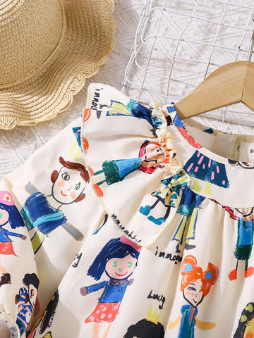 Young Girls' Loose Fit Vintage Cartoon Pattern Ruffled Hem Dress