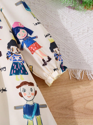 Young Girls' Loose Fit Vintage Cartoon Pattern Ruffled Hem Dress