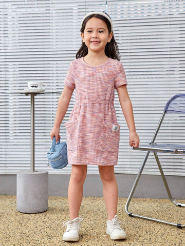 Young Girl's Loose Fit Waistline Accent Alphabet Print Blended Fabric Round Neckline Dress