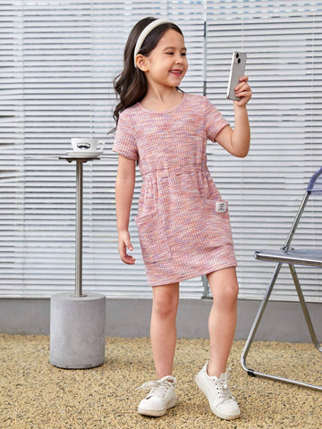 Young Girl's Loose Fit Waistline Accent Alphabet Print Blended Fabric Round Neckline Dress