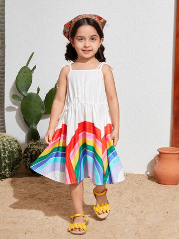 Young Girl's Loose Weave Casual Holiday Rainbow Printed Spaghetti Strap Dress With Crossbody Bag